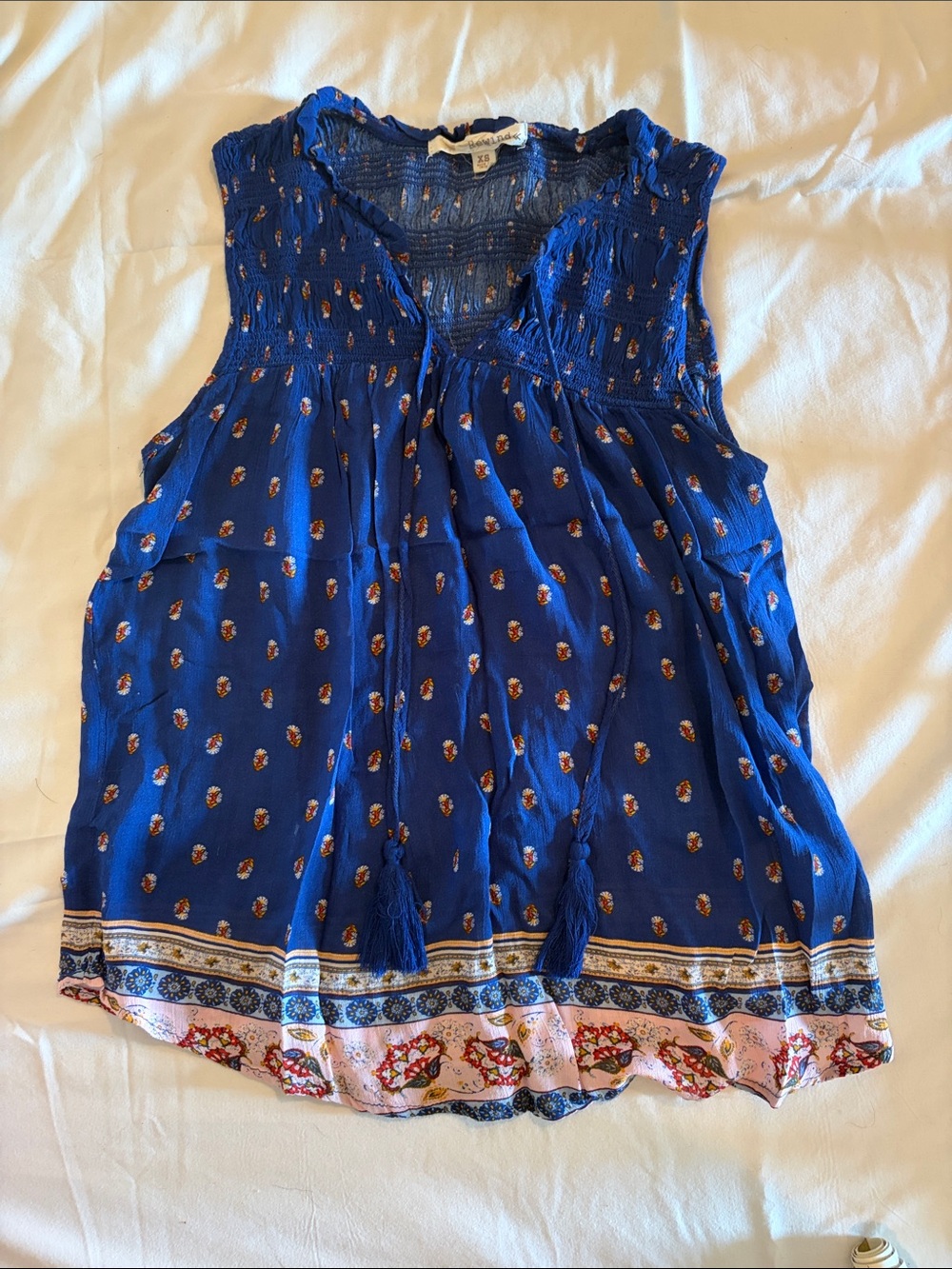 Rewind Blue Printed Sleeveless Smocked Tassel Camisole